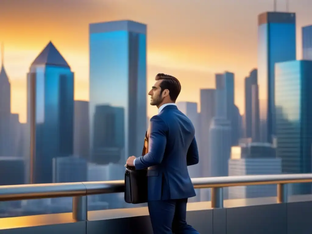 Horizonte urbano futurista al atardecer: innovación y prosperidad Un horizonte urbano moderno con rascacielos futuristas reflejando el sol poniente