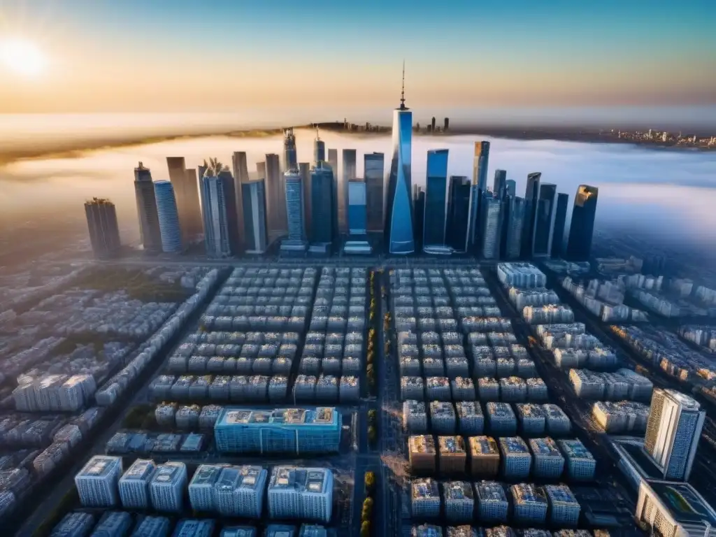 Horizonte urbano futurista al atardecer Un horizonte urbano moderno con rascacielos y un atardecer dorado