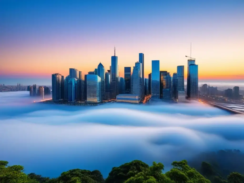 Horizonte urbano moderno: crecimiento inmobiliario en la ciudad Un horizonte urbano moderno con rascacielos y edificios del distrito financiero bajo un cielo azul claro, mostrando un entorno urbano bullicioso que simboliza el crecimiento y desarrollo en el sector inmobiliario para cerrar la brecha con financiamiento
