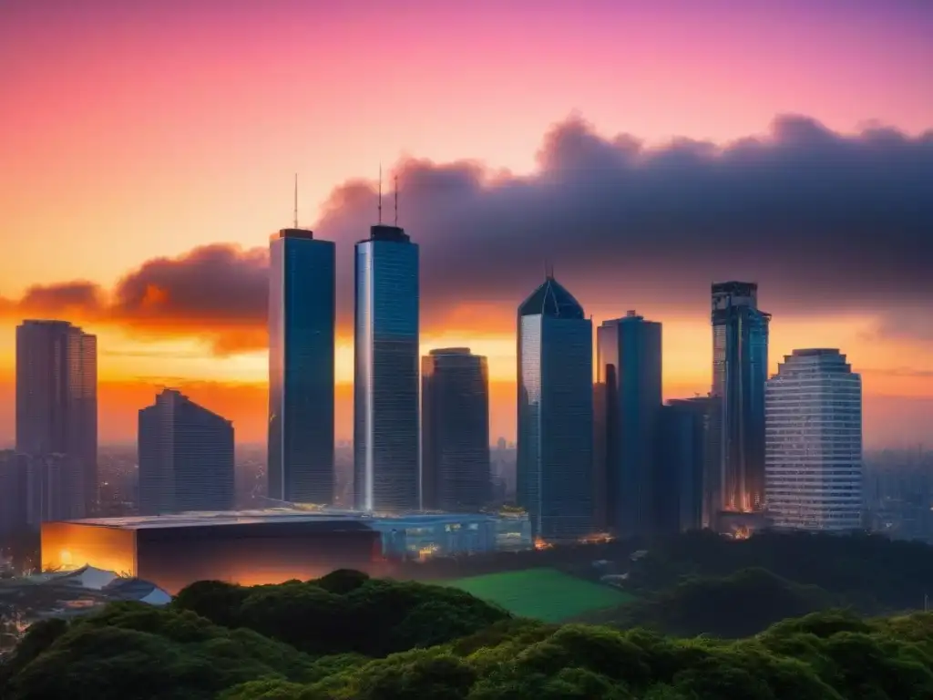 Puesta de sol vibrante en la ciudad: símbolo de prosperidad inmobiliaria Un horizonte urbano moderno con rascacielos elegantes contrastando con un vibrante cielo al atardecer, reflejando sofisticación urbana y prosperidad financiera, simbolizando el potencial de financiamiento inmobiliario a través de políticas de vivienda