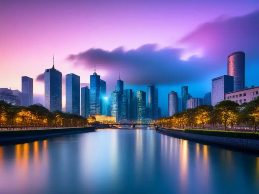 Horizonte urbano moderno al atardecer: inversión inmobiliaria Horizonte urbano moderno al anochecer, rascacielos iluminados reflejados en río