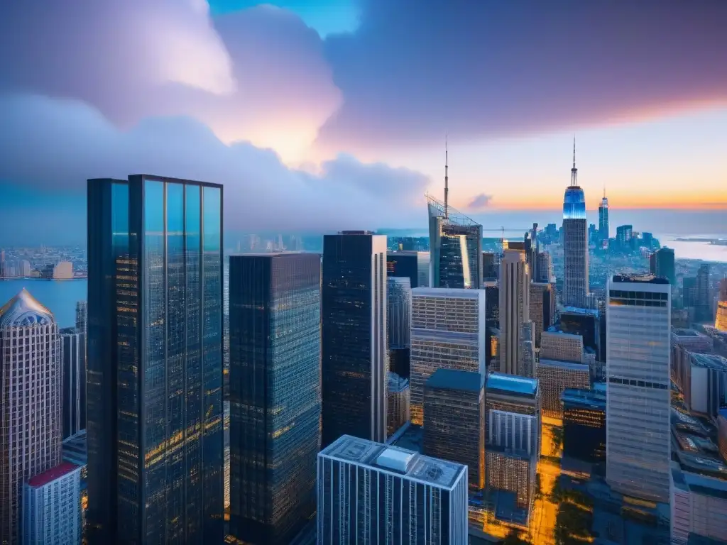 Horizonte urbano moderno: título de propiedad y confianza Un horizonte urbano moderno con rascacielos en una bulliciosa zona financiera