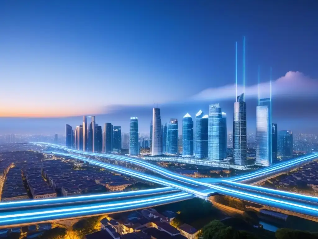 Skyline urbano con tecnología blockchain: Financiamiento inmobiliario Horizonte urbano moderno con red blockchain sobre edificios iluminados, representando la integración tecnológica en financiamiento inmobiliario