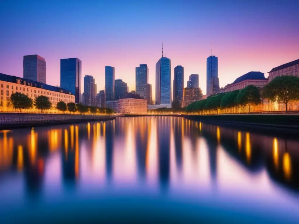 Horizonte urbano: luces de la ciudad en el anochecer Horizonte urbano moderno al anochecer, reflejado en aguas calmadas, con luces cálidas y arquitectura contemporánea