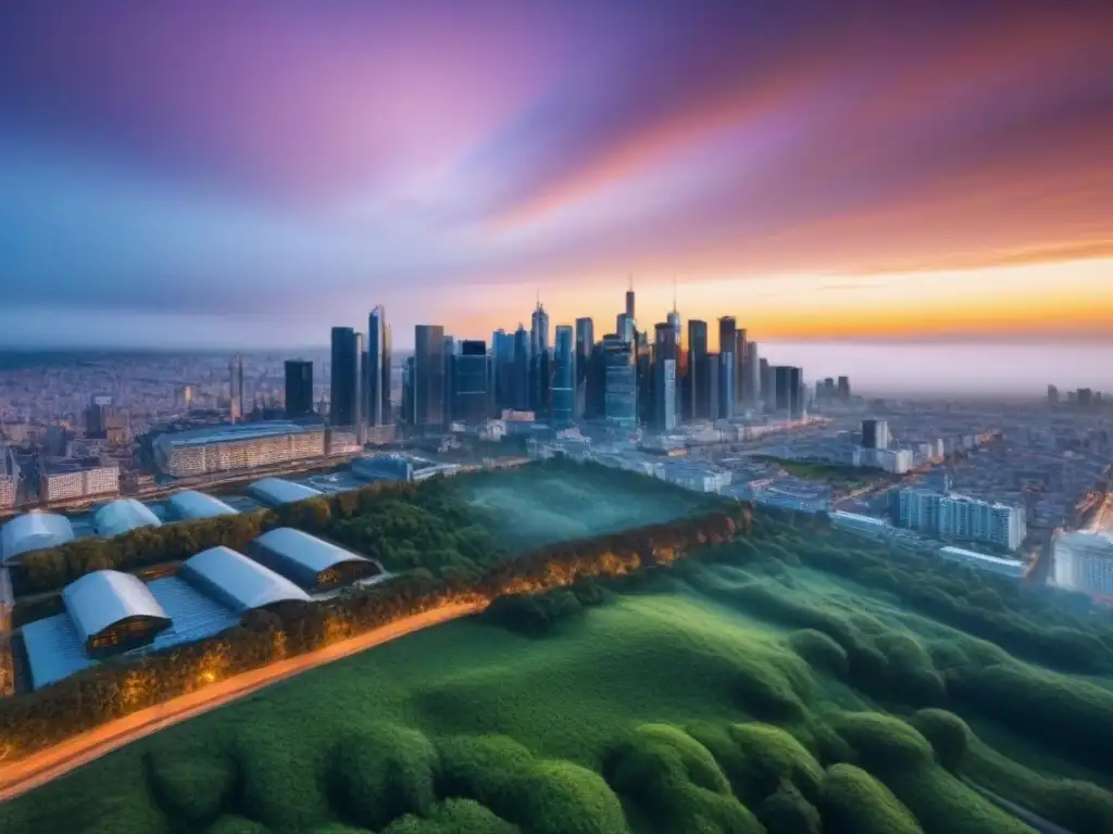 Horizonte urbano moderno al atardecer: fusión de modernidad y naturaleza Horizonte urbano moderno con reflejos dorados del atardecer, fusionando arquitectura y naturaleza