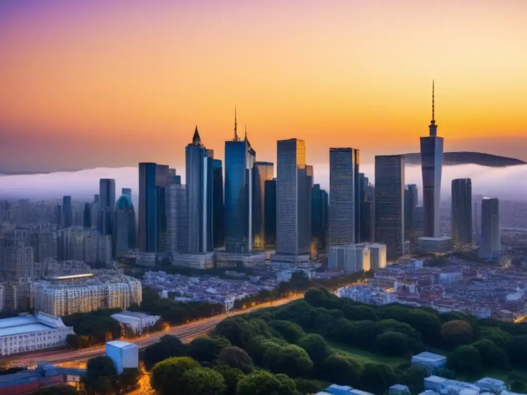 Horizonte urbano dorado: metrópolis moderna al atardecer Un horizonte urbano moderno reflejando el sol dorado, simbolizando crecimiento y prosperidad en estrategias tasación propiedad inmobiliaria