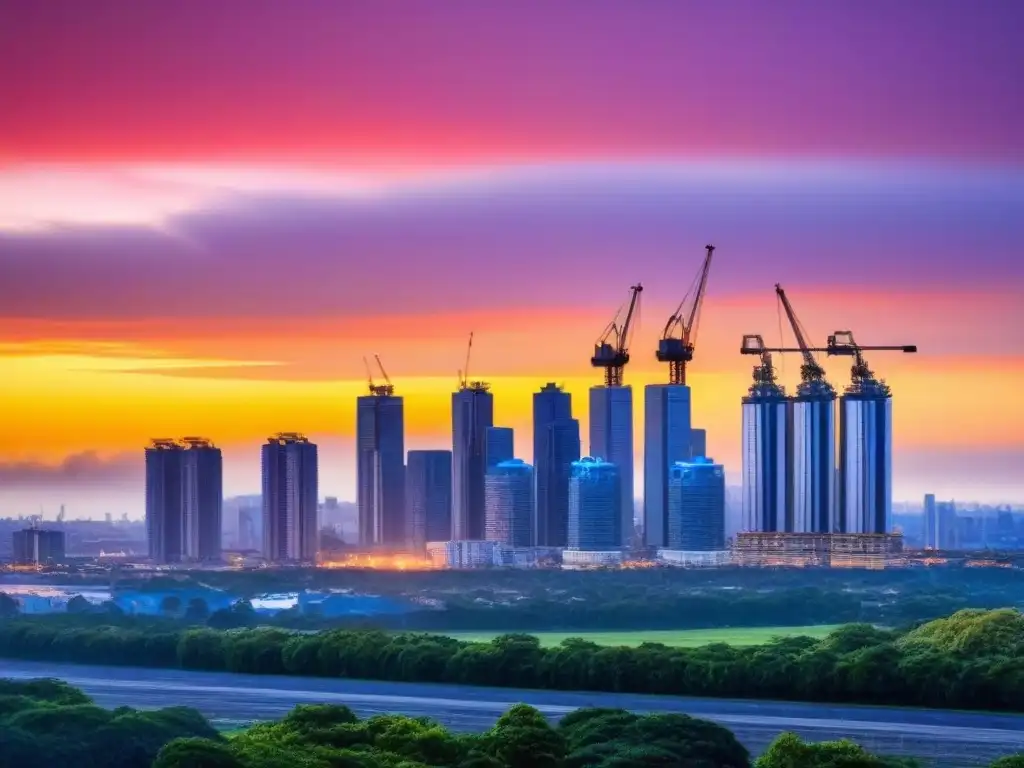 Espléndida ciudad moderna al atardecer: skyline vibrante y luminoso Horizonte urbano moderno y vibrante al atardecer con rascacielos y grúas, iluminado por luces, en un paisaje de cálido atardecer
