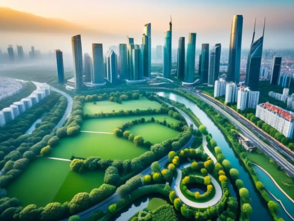 Espectacular vista aérea de ciudad moderna con rascacielos y parques verdes Un horizonte urbano moderno y vibrante con rascacielos, parques verdes y un río, ideal para Sindicación inmobiliaria para principiantes