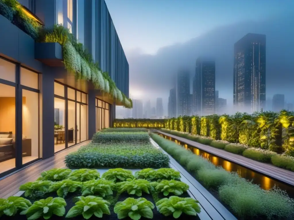Cityscape sostenible: armonía entre naturaleza y arquitectura Un horizonte urbano al anochecer con rascacielos iluminados y espacios verdes integrados, reflejando una armoniosa fusión de naturaleza y arquitectura
