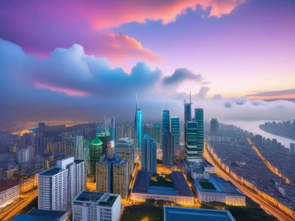 Horizonte urbano vibrante al anochecer: luces y modernidad Horizonte urbano con rascacielos modernos iluminados por luces de la ciudad, simbolizando crecimiento y oportunidad empresarial