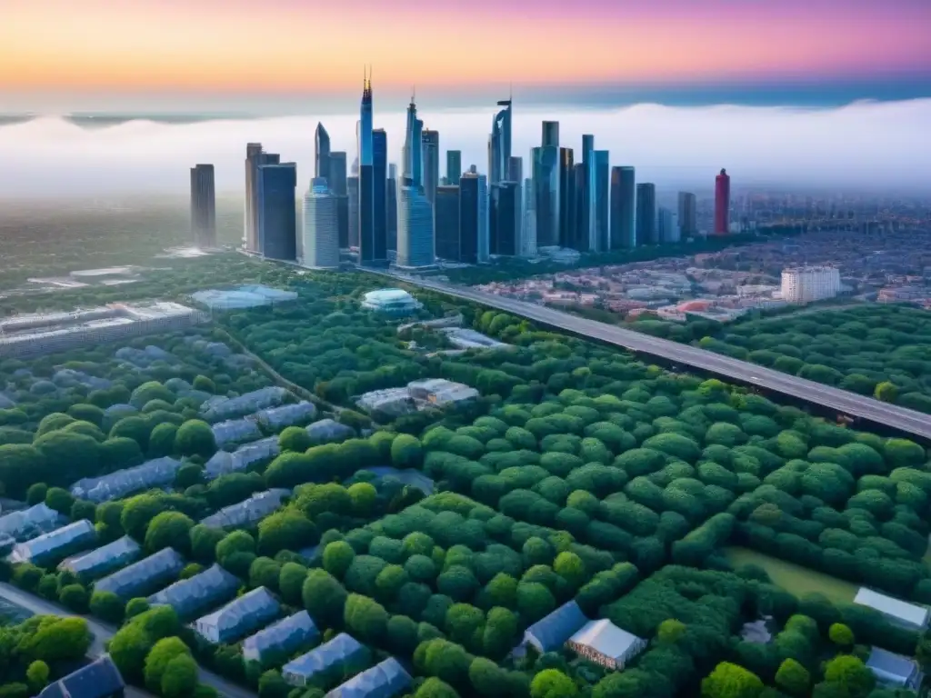 Skyline urbano sostenible: armonía en la ciudad moderna Un horizonte urbano cumpliendo con regulaciones de zonificación inmobiliaria, fusionando arquitectura moderna y espacios verdes