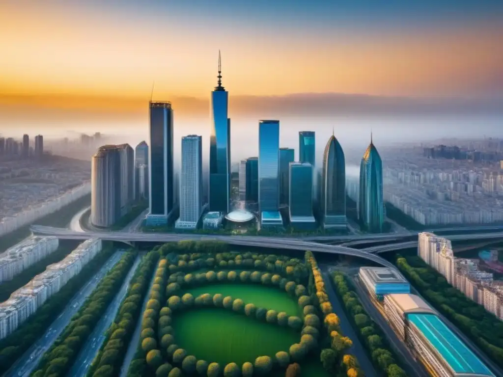 Inversiones inmobiliarias globales: metrópolis futurista al atardecer Un horizonte urbano vibrante, fusionando arquitectura futurista y tradicional