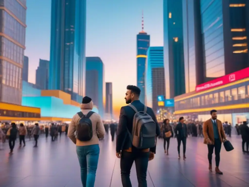 Atardecer urbano: ciudad moderna, diversa y vibrante Un horizonte urbano vibrante y dinámico al anochecer, reflejando normativas inmobiliarias locales actualizadas