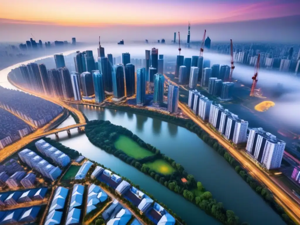 Oportunidades de inversión en ciudad emergente al atardecer Un horizonte urbano vibrante en un mercado emergente, reflejando progreso y oportunidad para invertir en bienes raíces emergentes