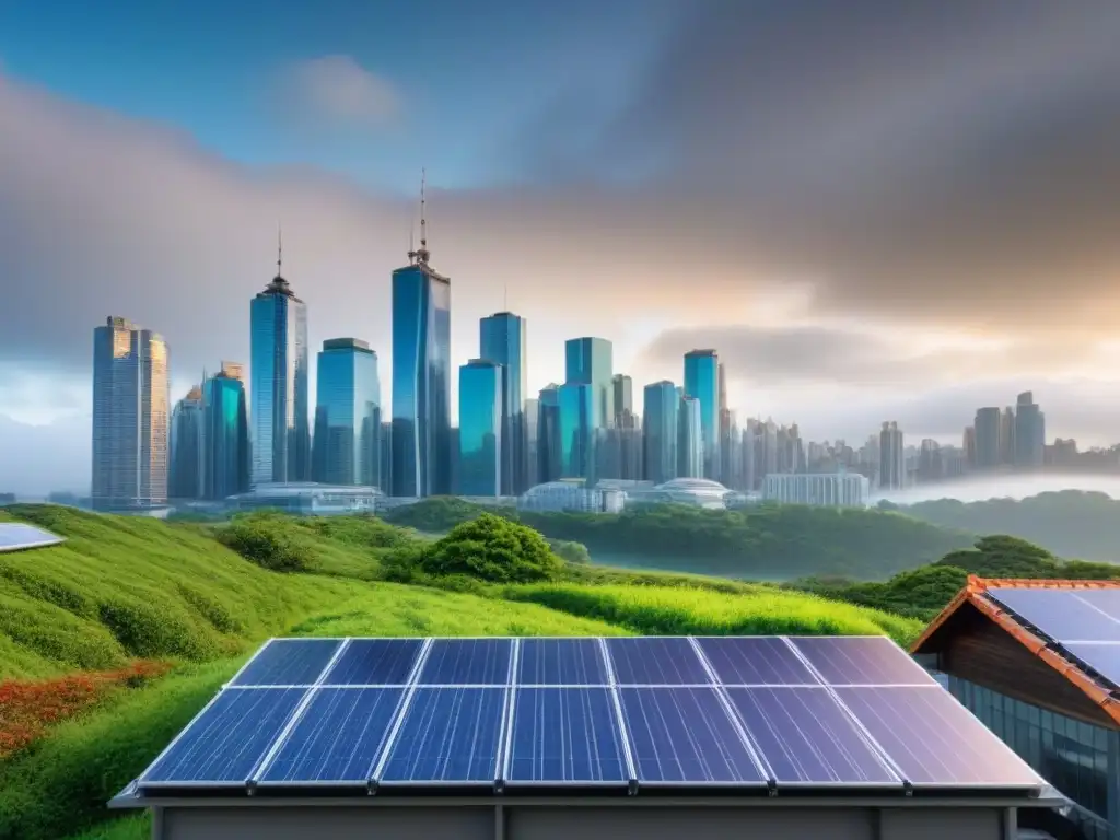 Un horizonte urbano vibrante y moderno con edificios verdes sostenibles destacando entre estructuras tradicionales, simbolizando el impacto del crowdfunding inmobiliario verde sostenible en el sector financiero