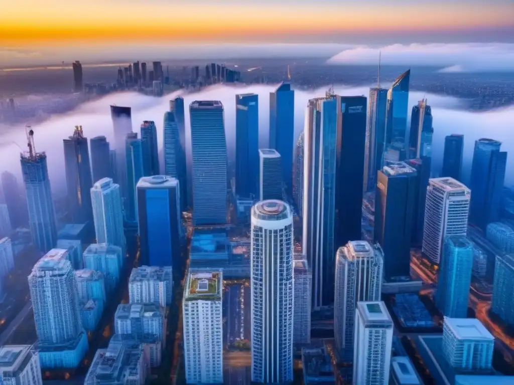 Espléndido horizonte urbano: diversidad y éxito inmobiliario bajo el sol Un horizonte urbano vibrante con modernos rascacielos, reflejando el éxito en el mercado inmobiliario