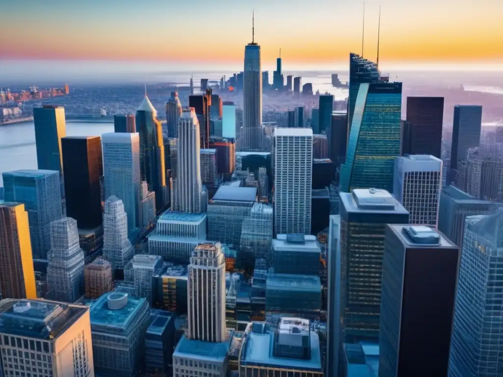 Panorama urbano: crecimiento real estate y oportunidades Un horizonte urbano vibrante con rascacielos modernos y profesionales analizando indicadores económicos para invertir inmobiliario