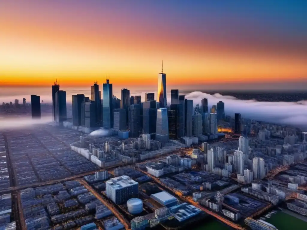 Horizonte urbano brillante: oportunidad en el mercado inmobiliario Horizonte urbano vibrante con rascacielos altos y elegantes reflejando tonos dorados del atardecer, simbolizando crecimiento y oportunidad en el mercado inmobiliario en medio de desafíos económicos estrategias inversión inteligente desempleo mercado