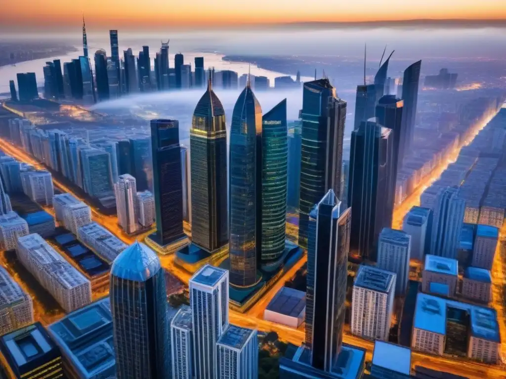 Esplendor urbano: REITs transforman el paisaje de rascacielos al atardecer Un horizonte urbano vibrante con rascacielos modernos, reflejando el crecimiento financiero impulsado por REITs en financiamiento inmobiliario