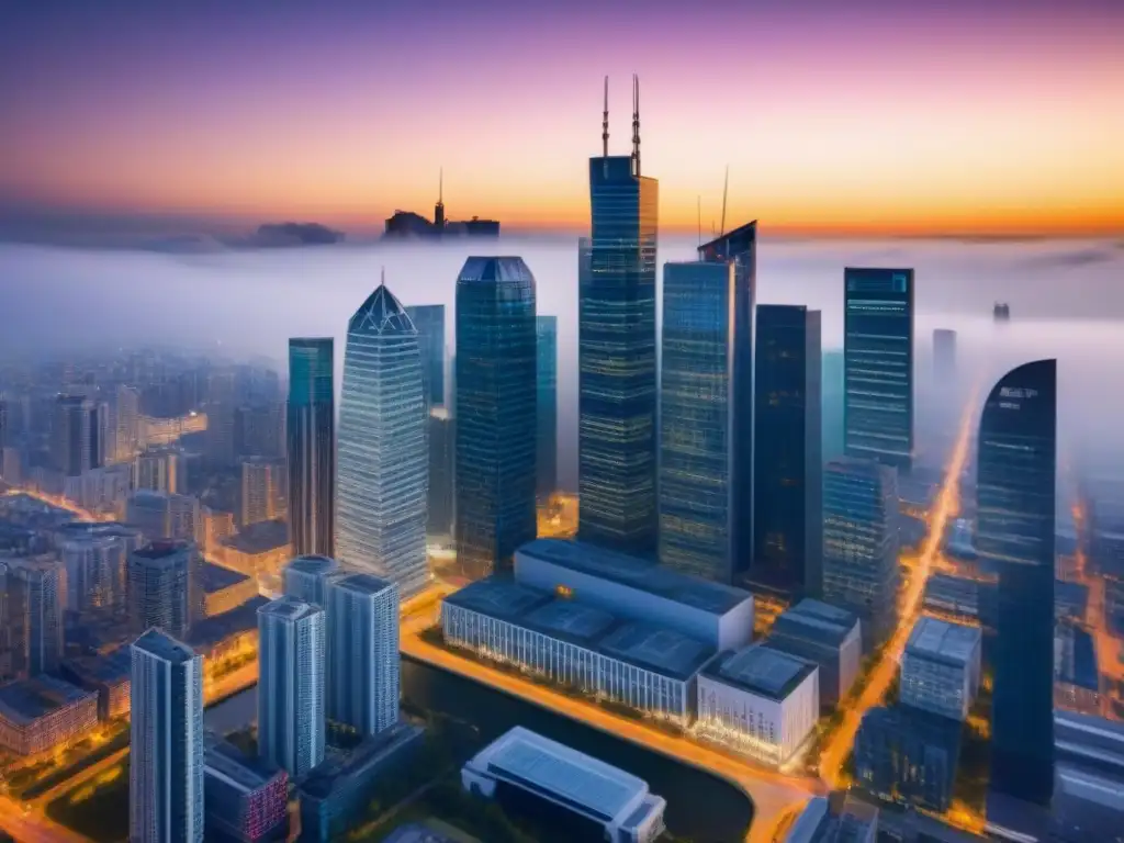 Horizonte urbano moderno: finanzas inmobiliarias en la ciudad Un horizonte urbano vibrante con rascacielos modernos, reflejando la normativa financiamiento inmobiliario local