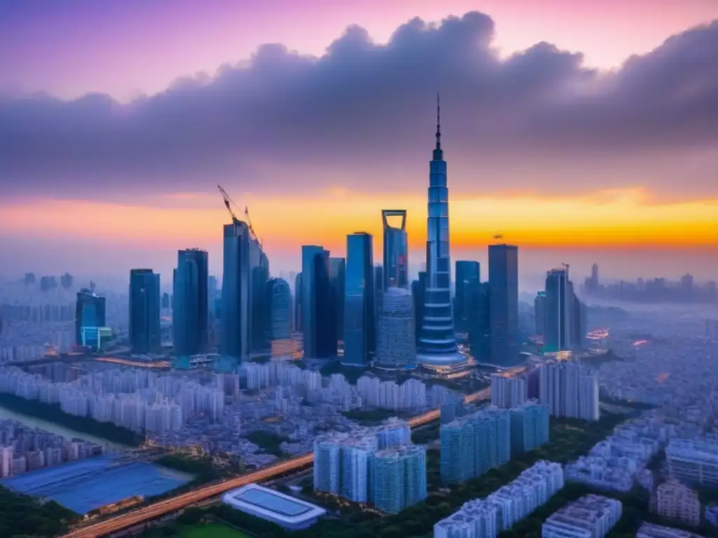 Horizonte vibrante: atardecer en metrópolis asiática Horizonte vibrante de una ciudad asiática moderna al atardecer, destacando el dinámico mercado inmobiliario en Asia