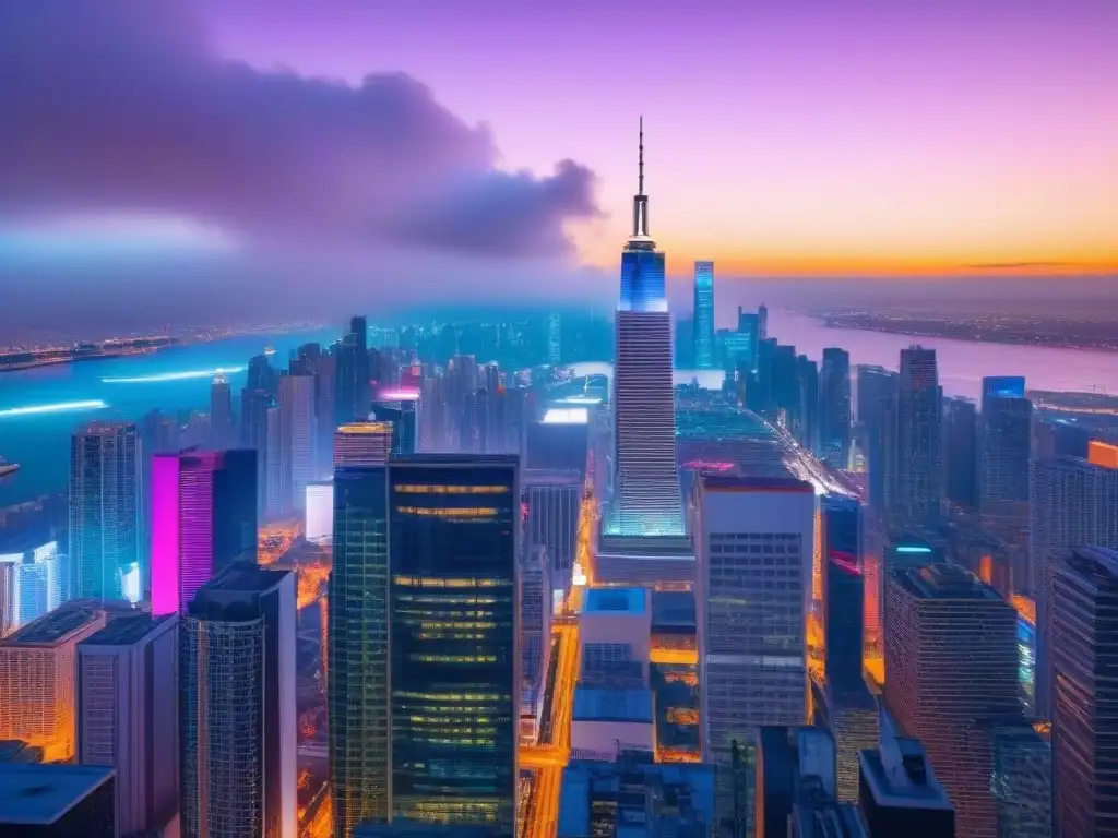 Cityscape futurista: rascacielos de vidrio y luces de neón Un horizonte vibrante y futurista con rascacielos de cristal reflectante, iluminado por luces neón