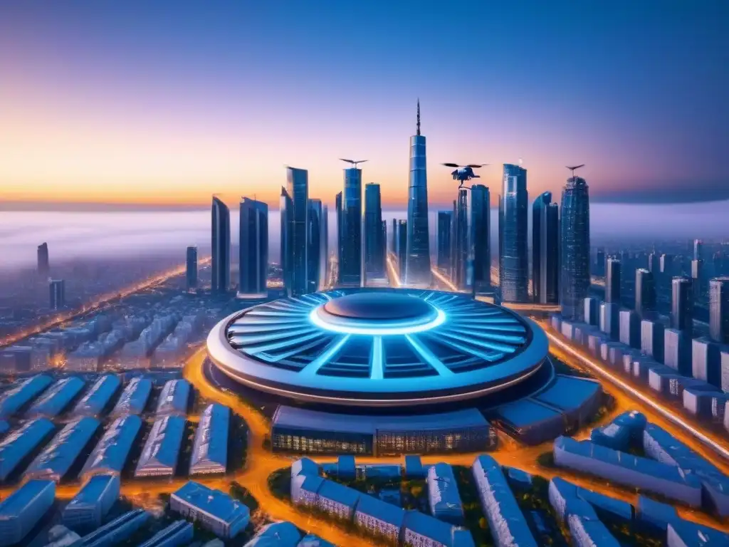 Drones AI valuando rascacielos en futurista metrópolis IA en tasaciones inmobiliarias para inversores: Drones AI valuando rascacielos en ciudad futurista