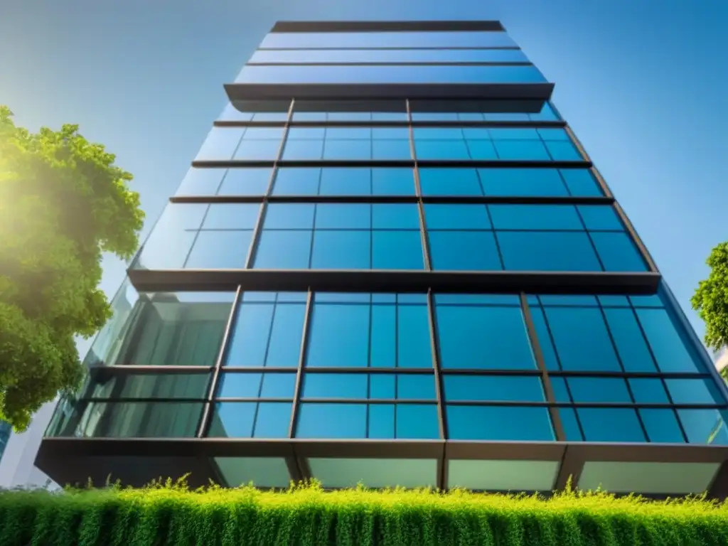 Edificio sostenible: un oasis verde en la ciudad Un icónico edificio de oficinas moderno con tecnologías verdes integradas, como paneles solares y vegetación, reflejando la ciudad