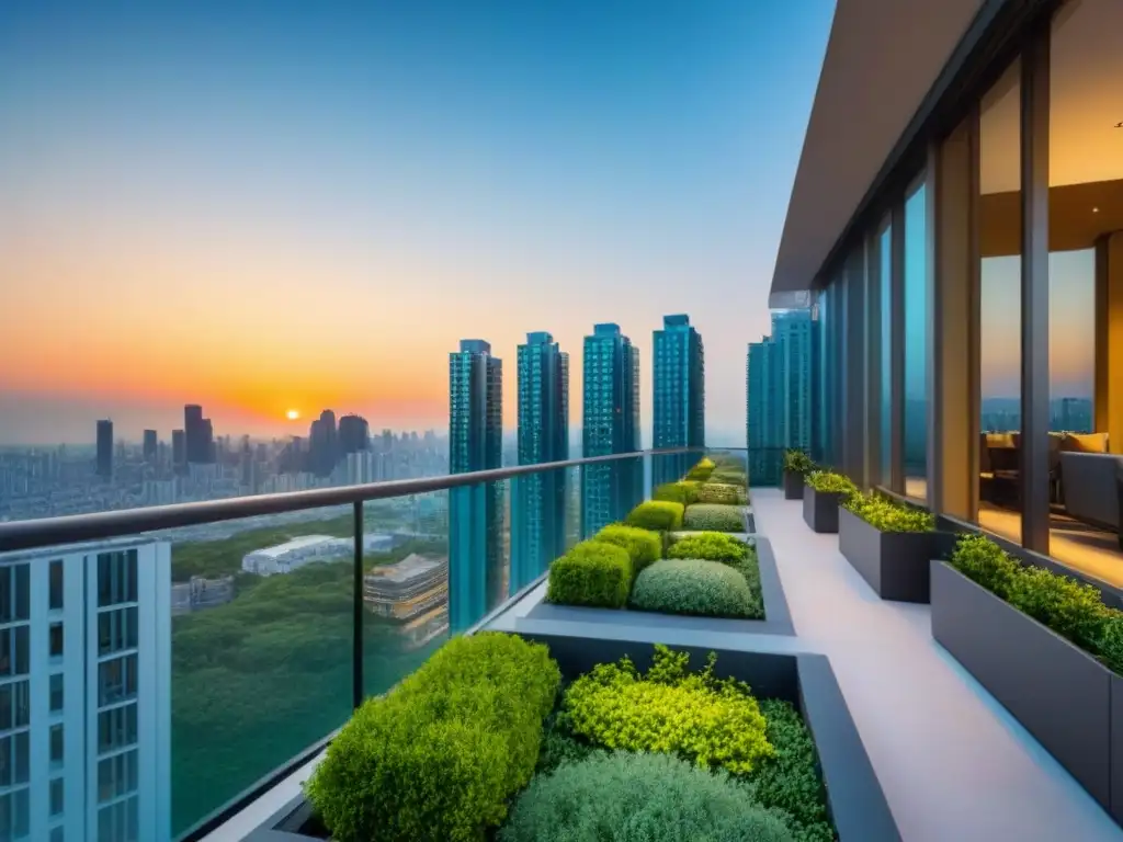Edificio de lujo en la ciudad: atardecer dorado y sofisticación urbana Un icónico rascacielos con ventanales de vidrio refleja la vibrante ciudad al atardecer