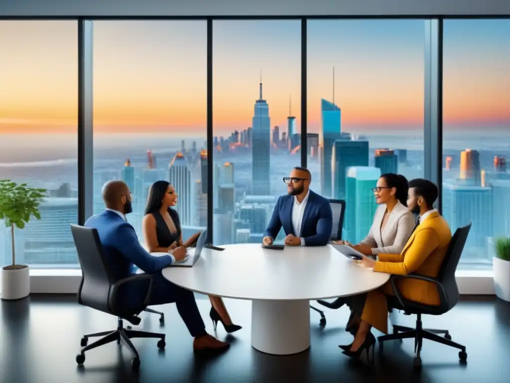 Reunión ética: Brokers inmobiliarios profesionales en acción Una ilustración detallada de brokers inmobiliarios diversos compartiendo prácticas éticas en una reunión en una oficina moderna con vista a la ciudad