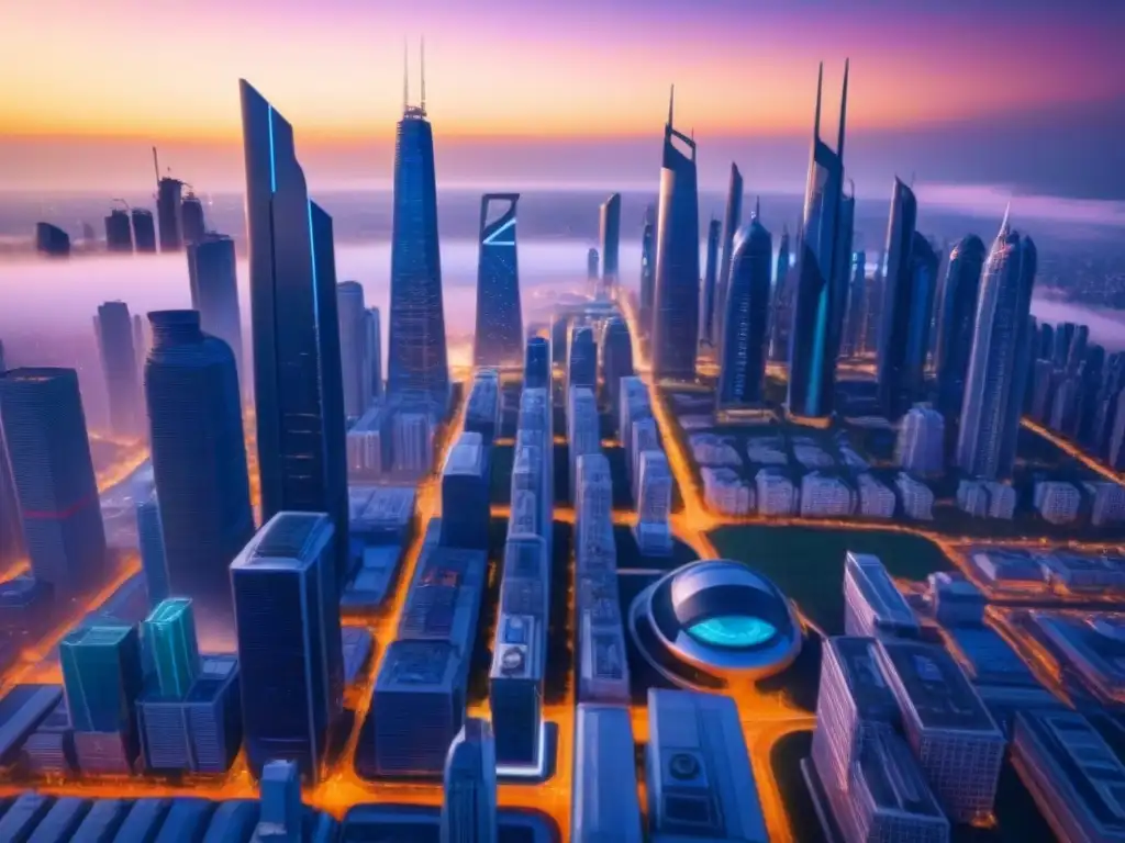 Metrópolis futurista: innovación arquitectónica y tecnológica Una ilustración detallada de una ciudad futurista con arquitectura innovadora y ventajas hipotecas híbridas inversores