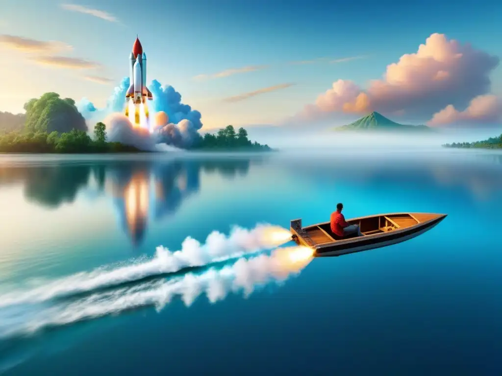 Préstamo Jumbo vs Una ilustración detallada que contrasta un cohete 'Préstamo Jumbo' futurista con una barcaza tradicional en un lago sereno