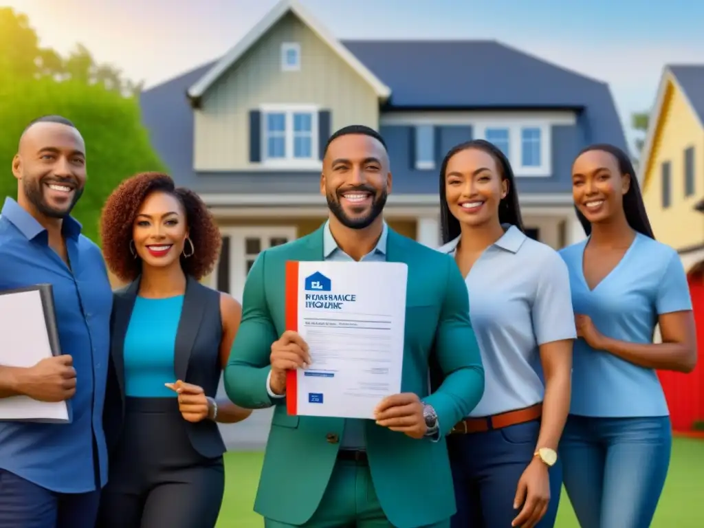 Protección financiera: Familias sonrientes resguardadas por seguro de hogar Una ilustración detallada que destaca la importancia de los seguros de propiedad y préstamos inmobiliarios, mostrando diversidad y seguridad