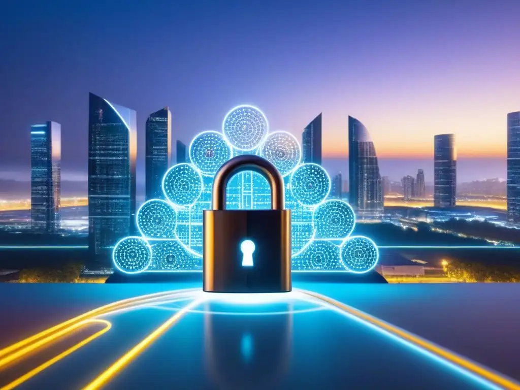 Red de Seguridad Digital en Desarrollo Inmobiliario Futurista Una ilustración detallada y moderna de cerraduras digitales interconectadas y sistemas de seguridad rodeando un desarrollo inmobiliario futurista