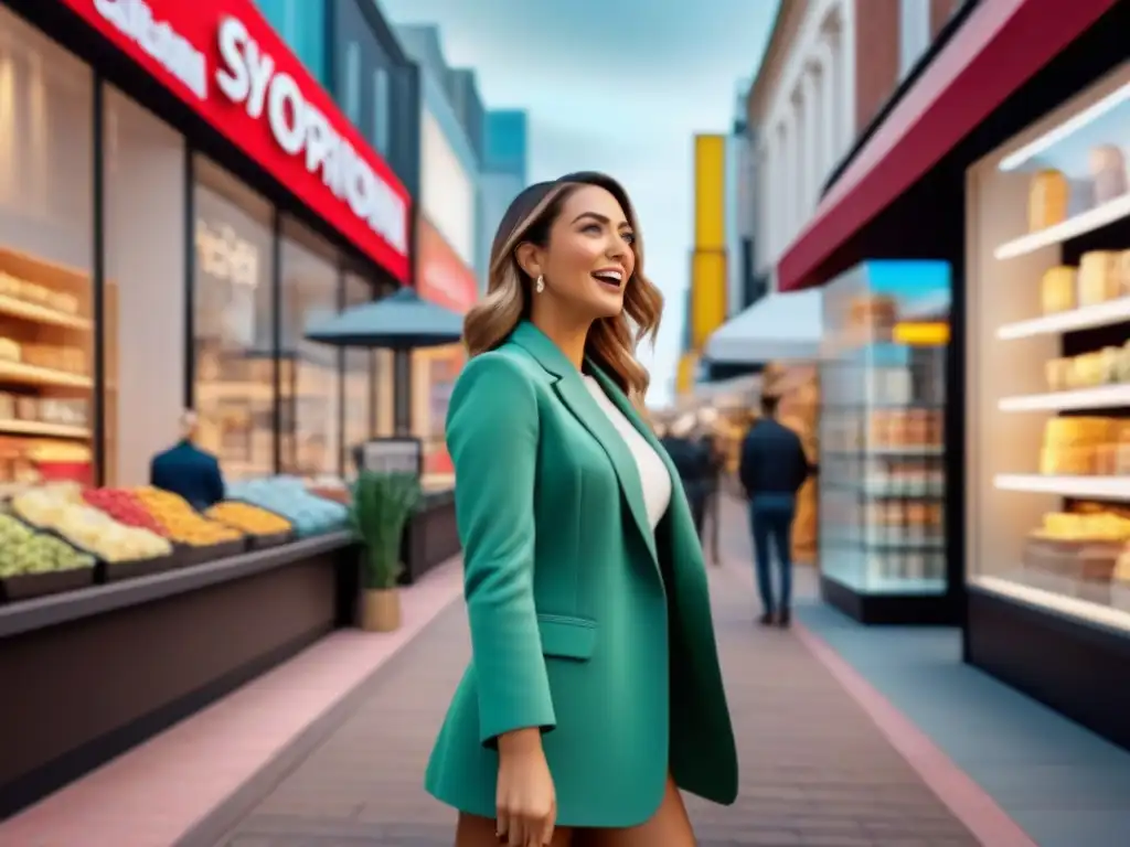 Emociones en el mercado: diversidad y satisfacción de consumidores Una ilustración detallada y moderna de consumidores en un bullicioso mercado, expresando emociones intensas