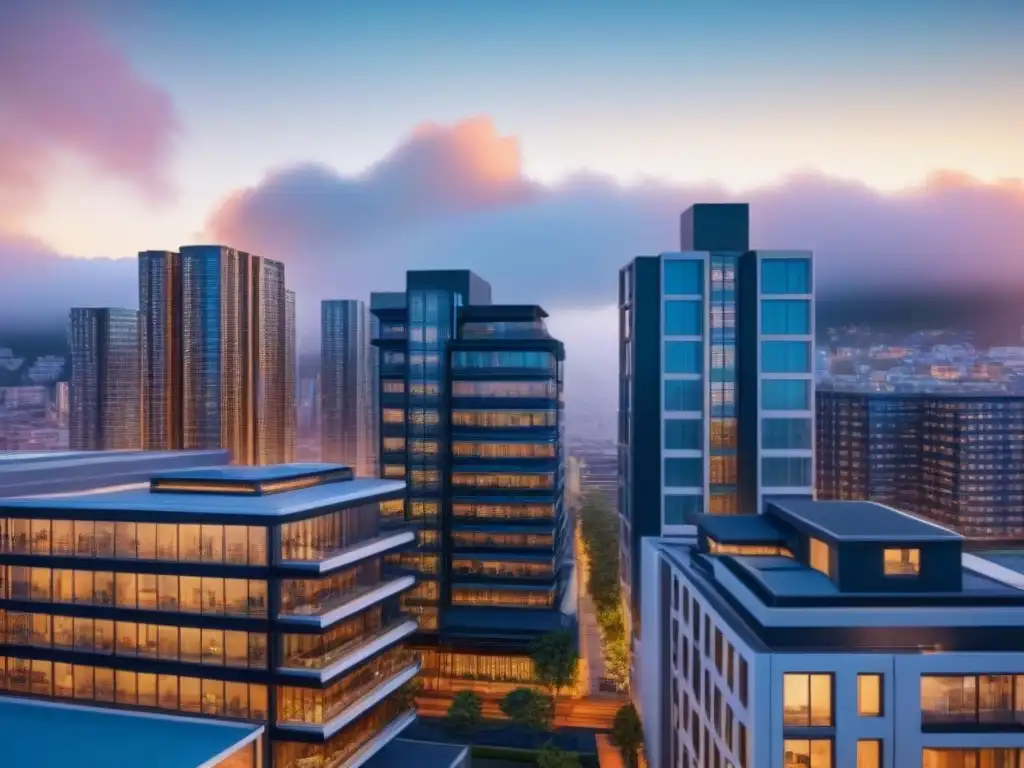 Red de REITs: Diversificación y Crecimiento en Inversiones Una ilustración detallada y moderna de una diversa cartera de REITs como red de edificios interconectados, representando sectores variados