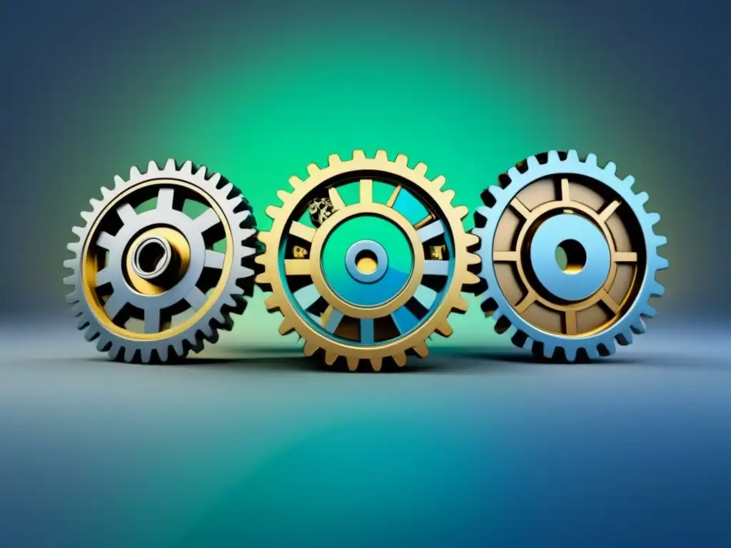 Proceso de compra y venta de propiedades: Gears de eficiencia Una ilustración detallada y moderna de engranajes interconectados representando el proceso de Flipping de Propiedades