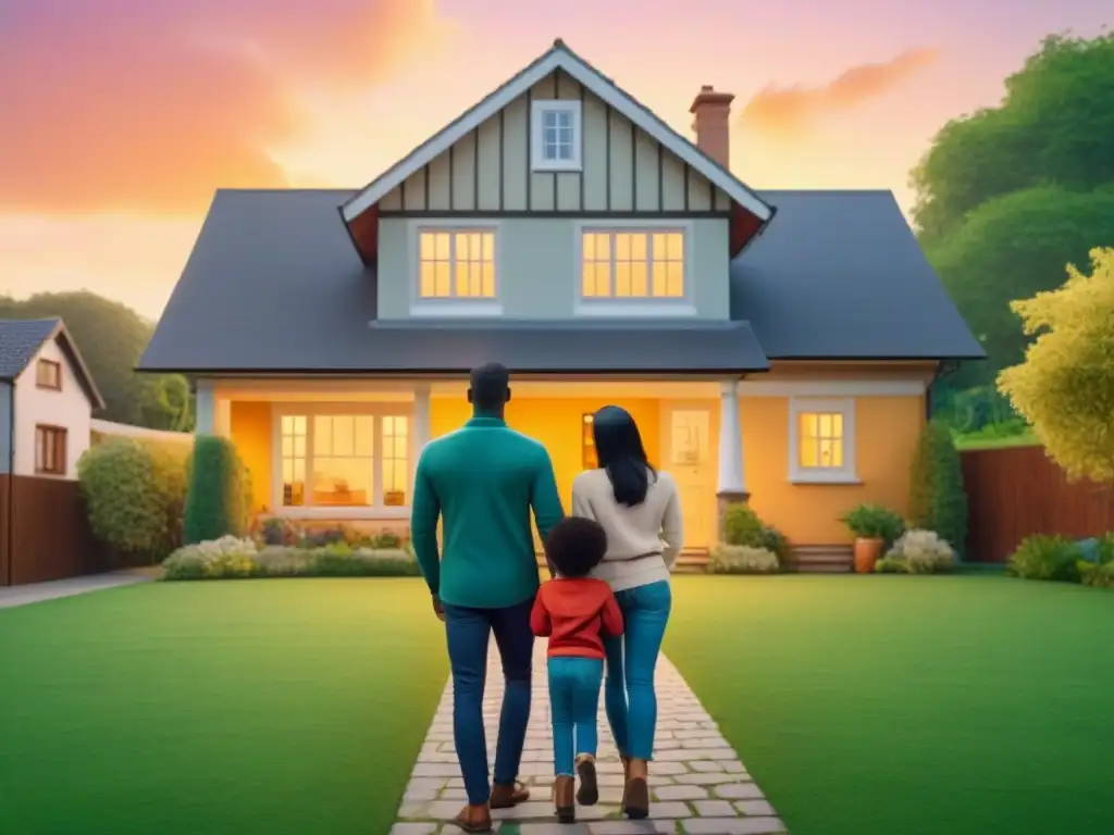 Protección familiar: seguro de vida para tu hogar Una ilustración detallada y moderna de una familia feliz frente a su hogar seguro, simbolizando la protección de los Seguros de vida en hipotecas