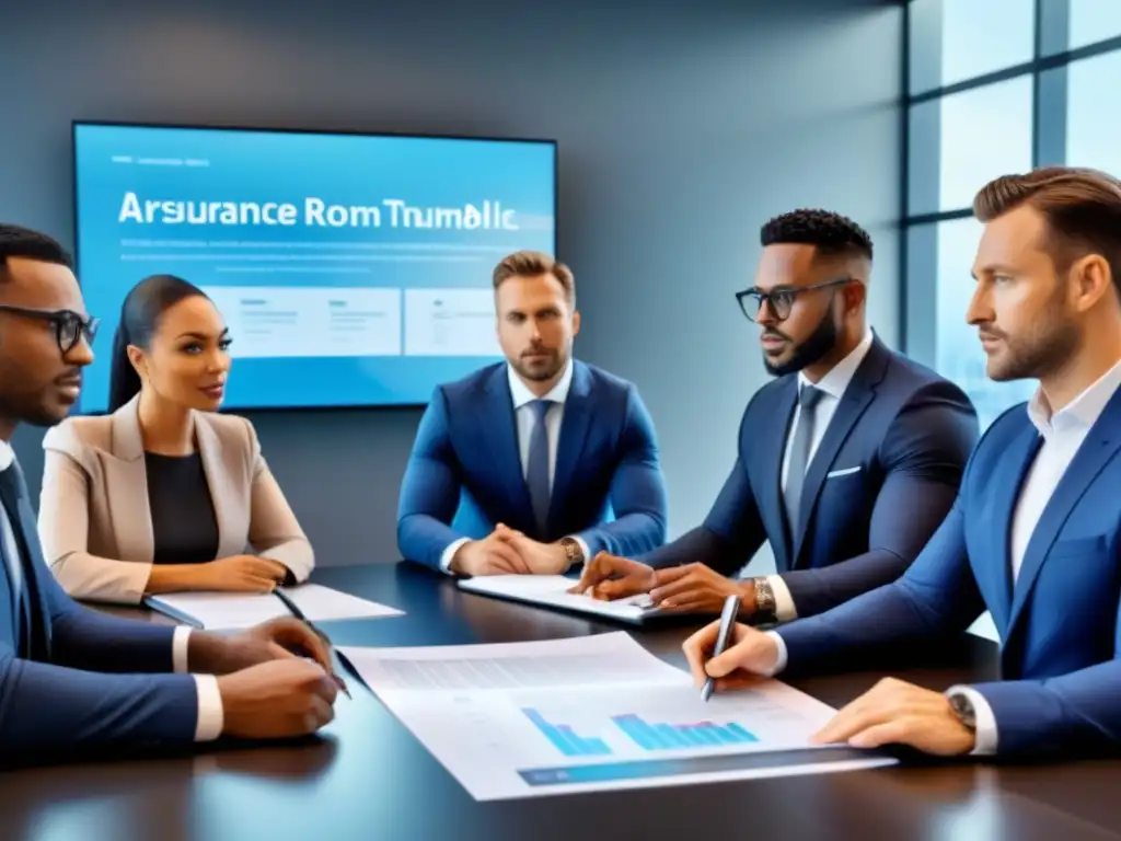 Inversionistas inmobiliarios: Estrategias de protección en reunión Una ilustración detallada y moderna de inversores inmobiliarios examinando documentos de seguros en una sala de reuniones tecnológica y luminosa