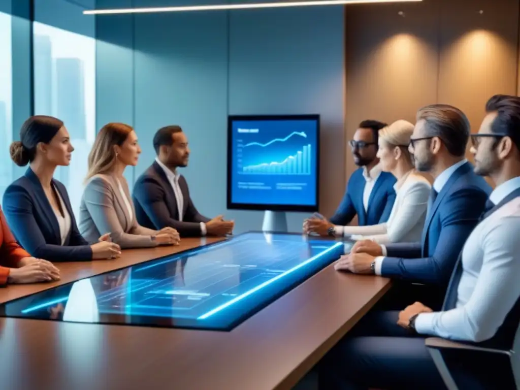 Inversores internacionales debaten inversiones inmobiliarias en oficina moderna Una ilustración detallada y moderna de inversores internacionales discutiendo inversiones inmobiliarias en una oficina contemporánea
