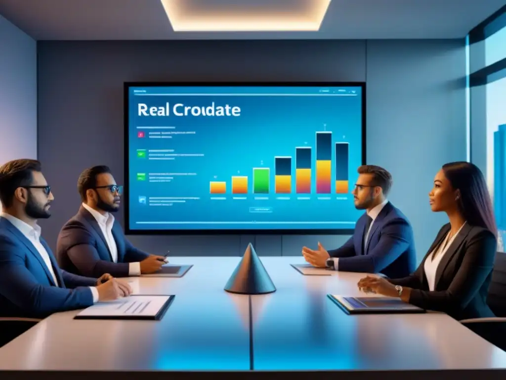 Profesionales debaten crowdfunding inmobiliario en sala futurista Una ilustración detallada y moderna de profesionales discutiendo aspectos legales y fiscales del crowdfunding inmobiliario en una sala futurista