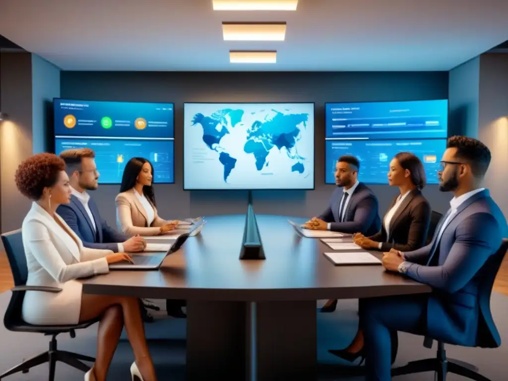 Reunión estratégica: Profesionales diversificados en sala de juntas tecnológica discuten financiamiento inmobiliario Una ilustración detallada y moderna de profesionales diversos en una sala de juntas, discutiendo estratégicamente sobre financiamiento inmobiliario
