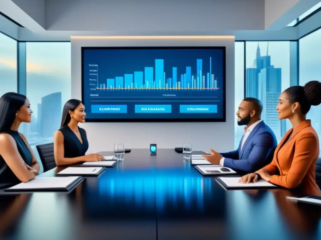 Profesionales diversificados planifican inversiones inmobiliarias Una ilustración detallada y moderna de profesionales diversos discutiendo estrategias de inversión inmobiliaria en una sala de juntas contemporánea