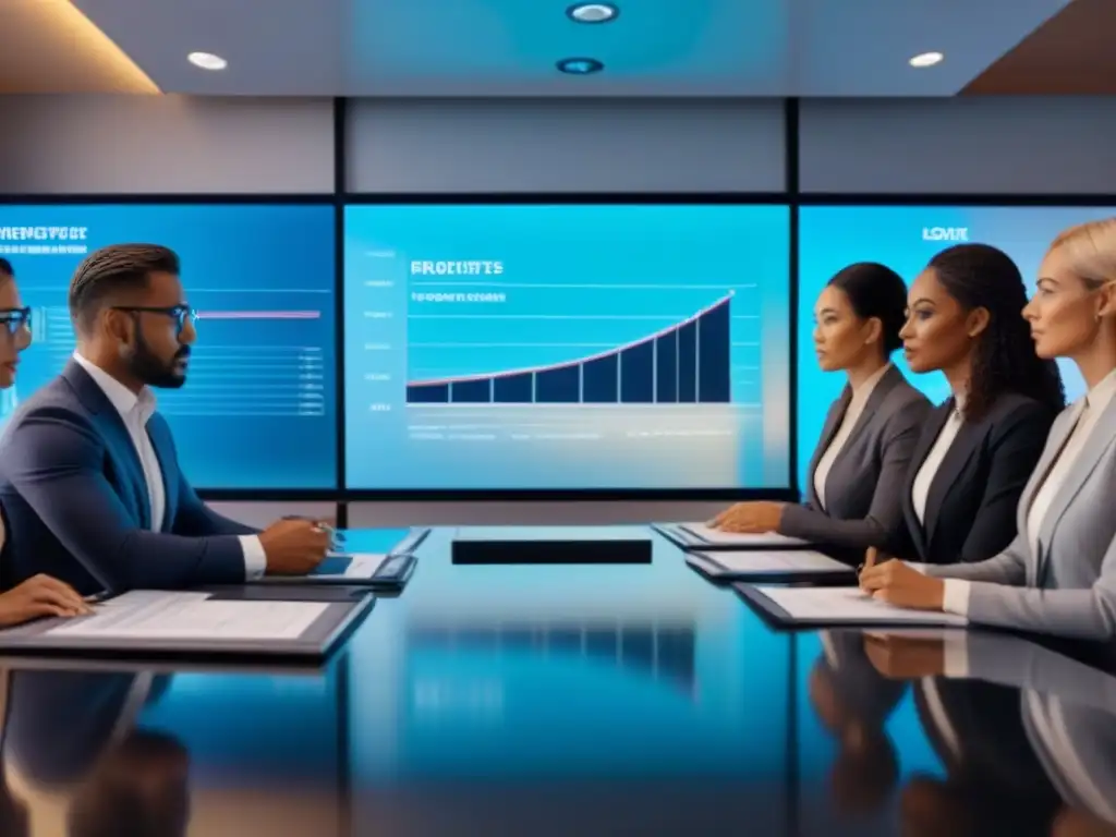 Inversión inmobiliaria: debate en sala futurista Una ilustración detallada y moderna de profesionales diversos discutiendo regulación de inversiones inmobiliarias en una sala futurista y sofisticada