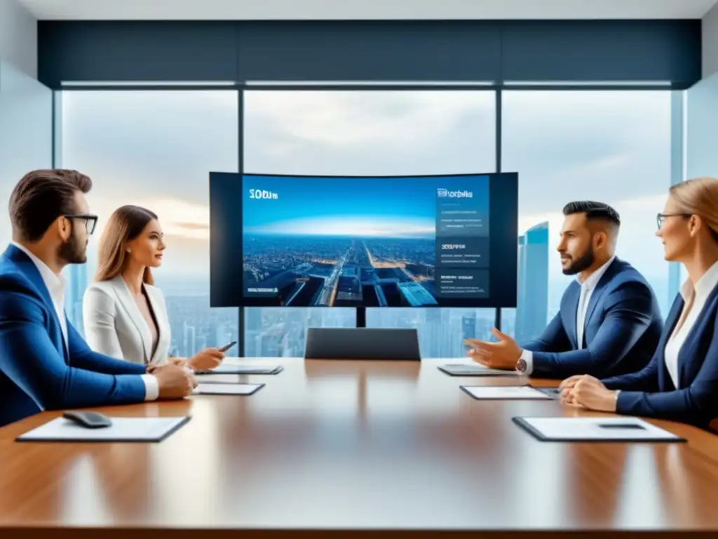 Profesionales del sector inmobiliario en reunión de alto nivel Una ilustración detallada y moderna de profesionales discutiendo normas de tasación en una sala contemporánea