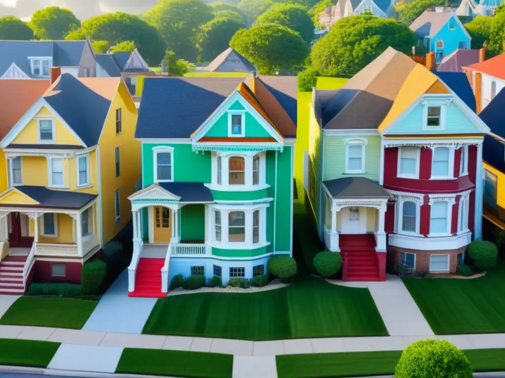 Propiedades con Exenciones de Impuestos: Diversidad y Detalles Una ilustración detallada y moderna de propiedades residenciales con diferentes exenciones de impuestos, desde casas victorianas hasta modernas