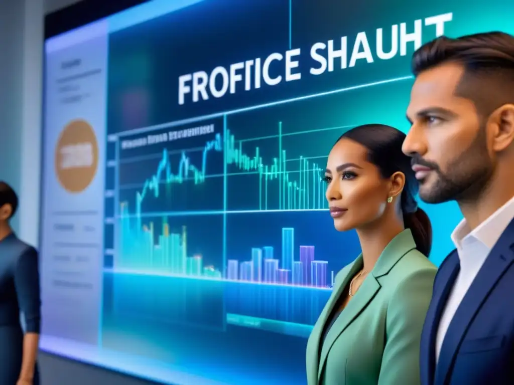 Profesionales diversos analizan gráfico financiero holográfico Una ilustración detallada con profesionales diversos analizando un gráfico holográfico de Productos financieros híbridos inmobiliarios
