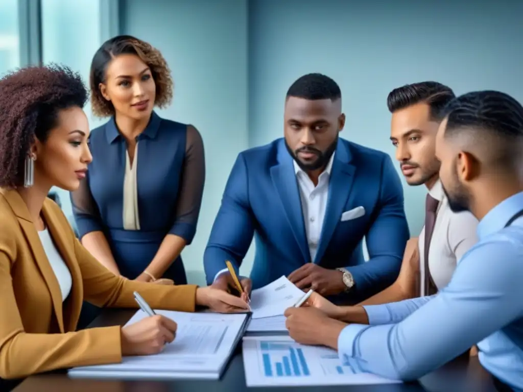 Reunión educativa sobre financiamiento inmobiliario en oficina moderna Una ilustración detallada de profesionales diversos en una oficina moderna, colaborando en un taller sobre financiamiento inmobiliario