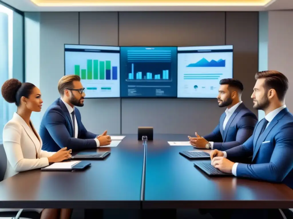 Profesionales negociando financiamiento inmobiliario de alto nivel Una ilustración detallada de profesionales diversos negociando un financiamiento inmobiliario en una sala moderna y tecnológica
