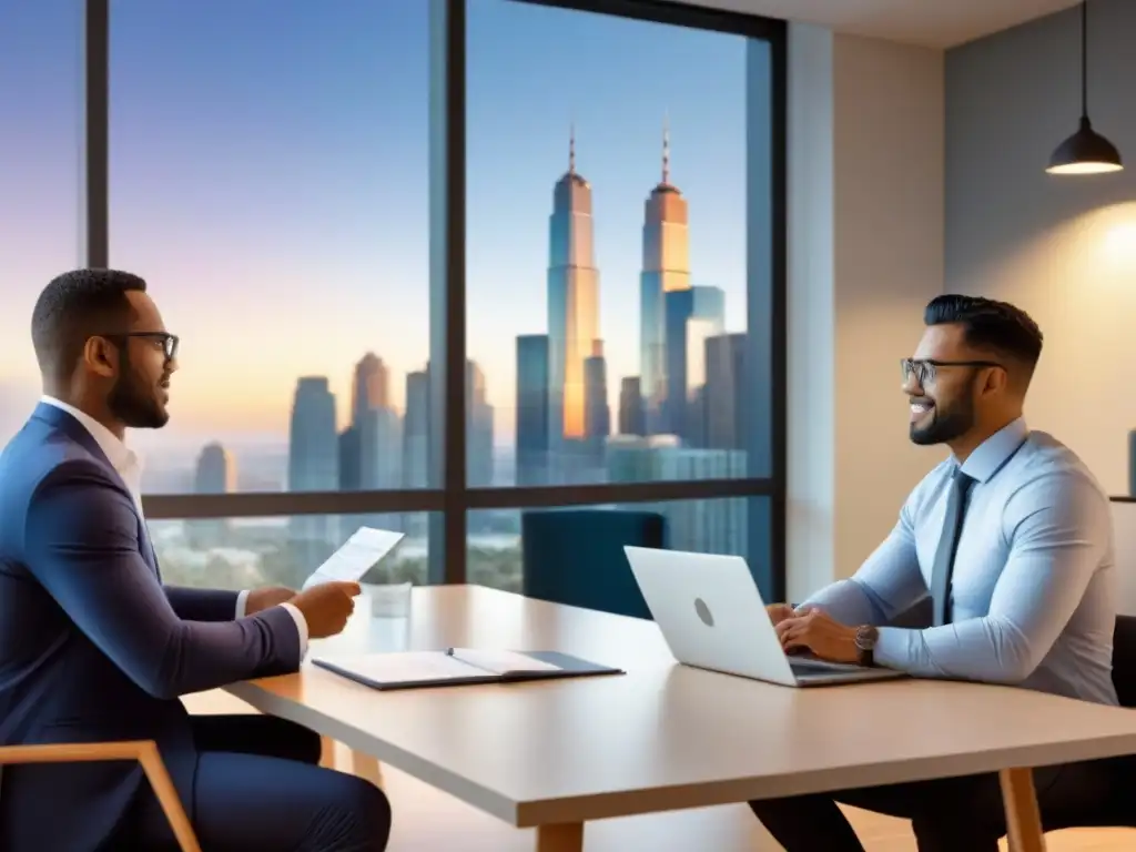 Reunión de diversidad en inmobiliaria moderna Una ilustración moderna y detallada de un grupo diverso en una oficina contemporánea, aprendiendo sobre financiamiento inmobiliario para principiantes